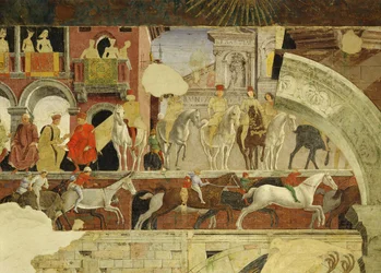 Allegory of April: en föreställning på torget Borso dEste, detalj av hästar och åsnor som springer, 1469-70, fresk